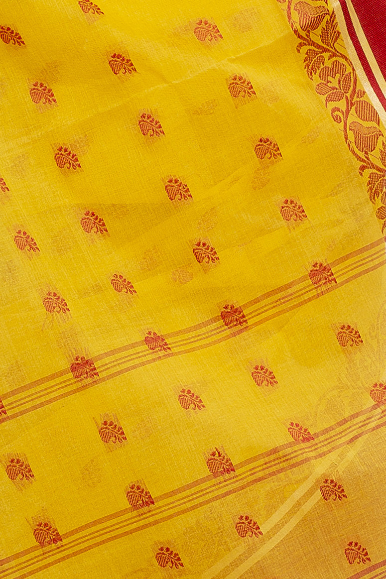 Yellow Red Pure Cotton Sukla_Velvet Tant Saree (801)